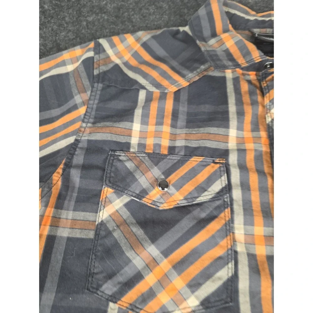 The North Face Pearl Snap Short Sleeve Button Up Black Gray Orange Plaid Shirt M